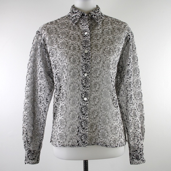 Burberrys Vintage Sheer Black Nylon Ivory Leafy Spiral Design Blouse Top 8P - Picture 1 of 5